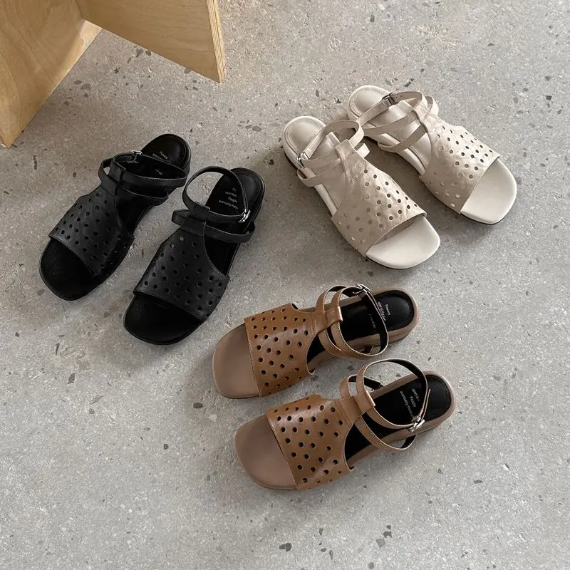 Girseaby Vintage Genuine Sheepskin Ladies Sandals Square Toe Flat Fastener Band  Mesh Soft Leisure Daily Female Attire