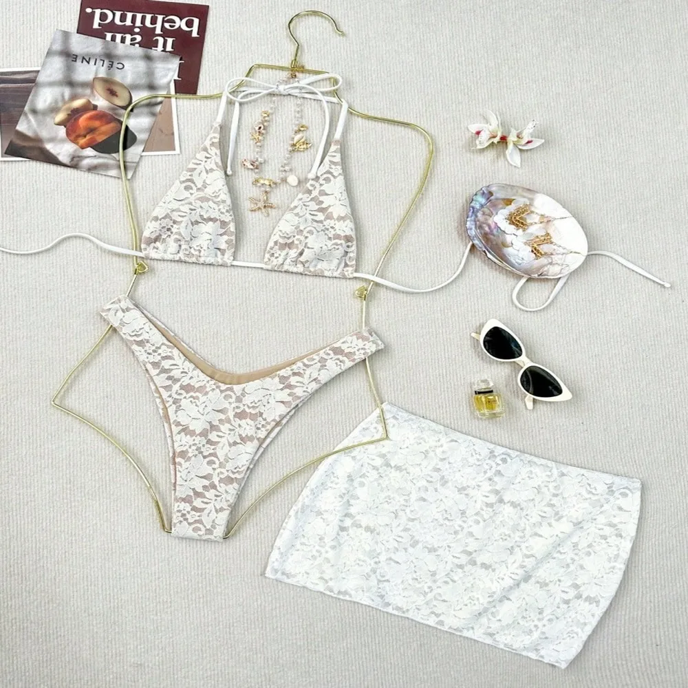 Sexy Women 3-Piece Bikini Set With Lace Mesh Sarong Skirt, Adjustable Tie Side Swimwear, Push Up Halter Bathing Suit Tankini Swi