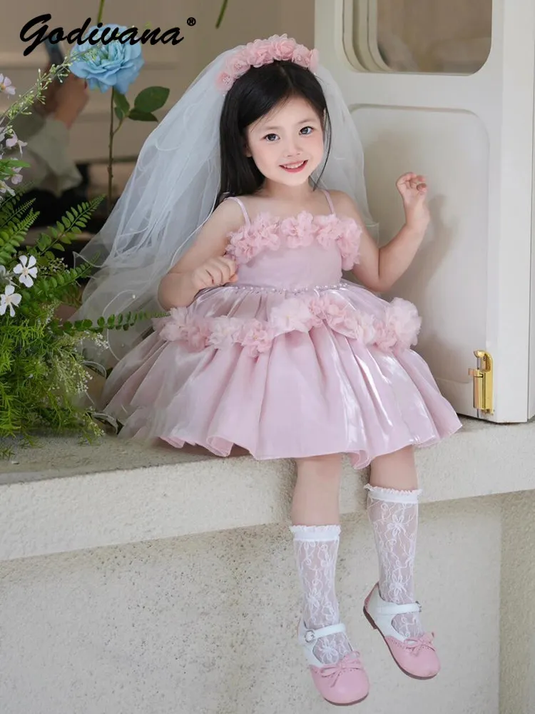 Sweet Baby Girls Pink Princess Dress Kids High End Flower Girl Wedding Evening Gown Childrens Sleeveless Birthday Party Dresses