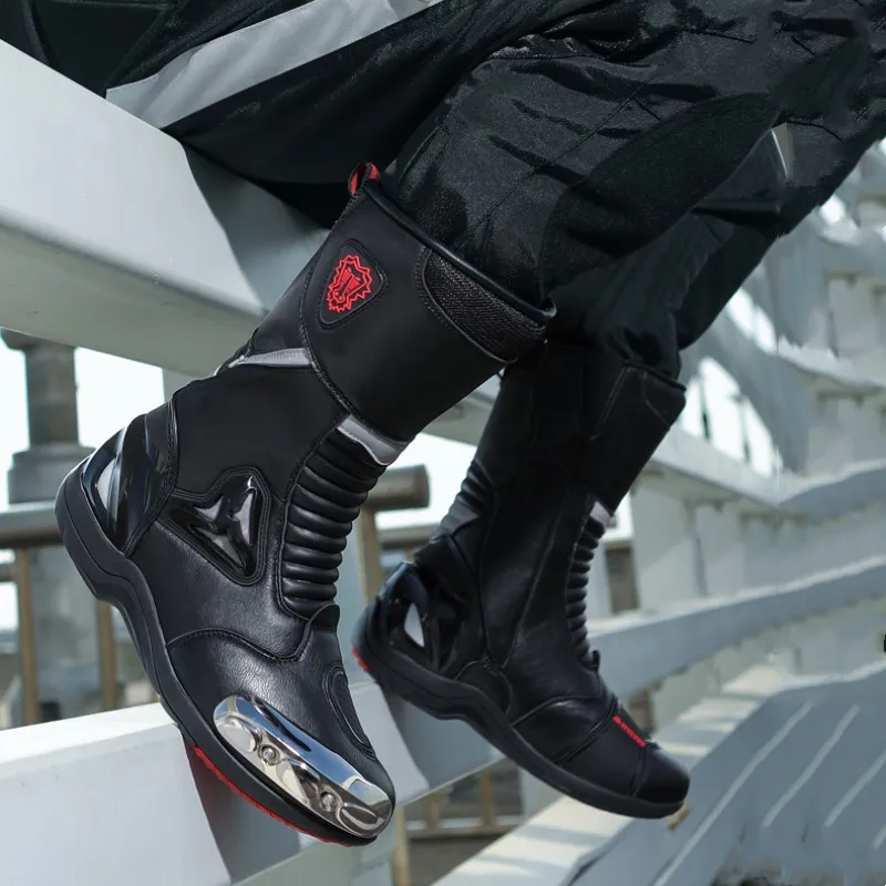 JG Wolf Men's Motorcyclist Boots Leather Breathable Motocross Boots Reflective Motorcycle Shoes Black Racing Shoes Anti-slip