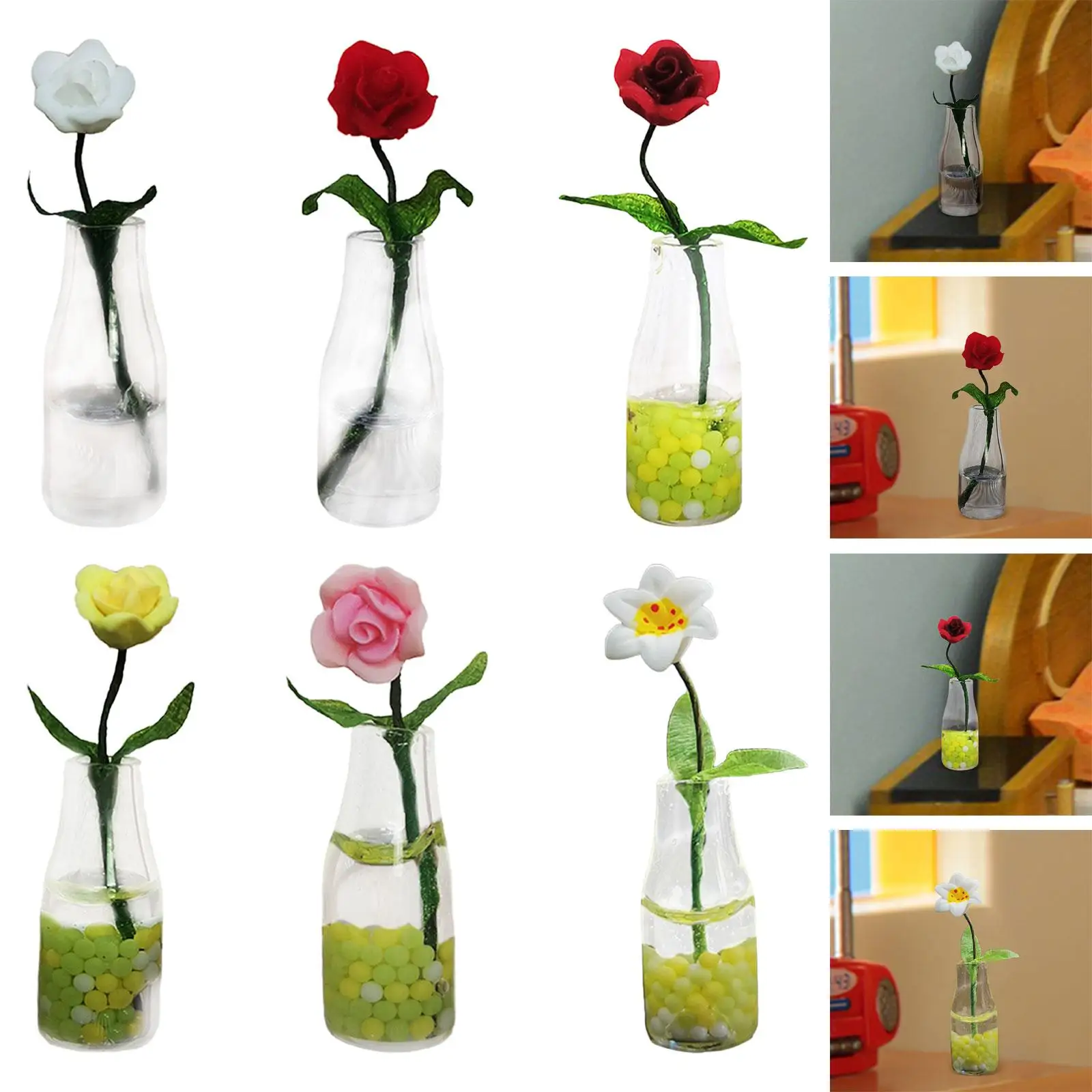 Miniature Flower with Glass Vase Scene Prop Dollhouse Glass Vase for 1:6 1:12 Scale Kitchen Living Room Dollhouse Dinning Room