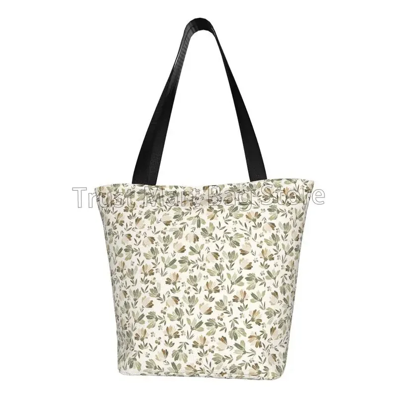 

Sage Green Beige Floral Print Tote Bags Extra Large Canvas Grocery Shopping Bag Portable Storage Handbag