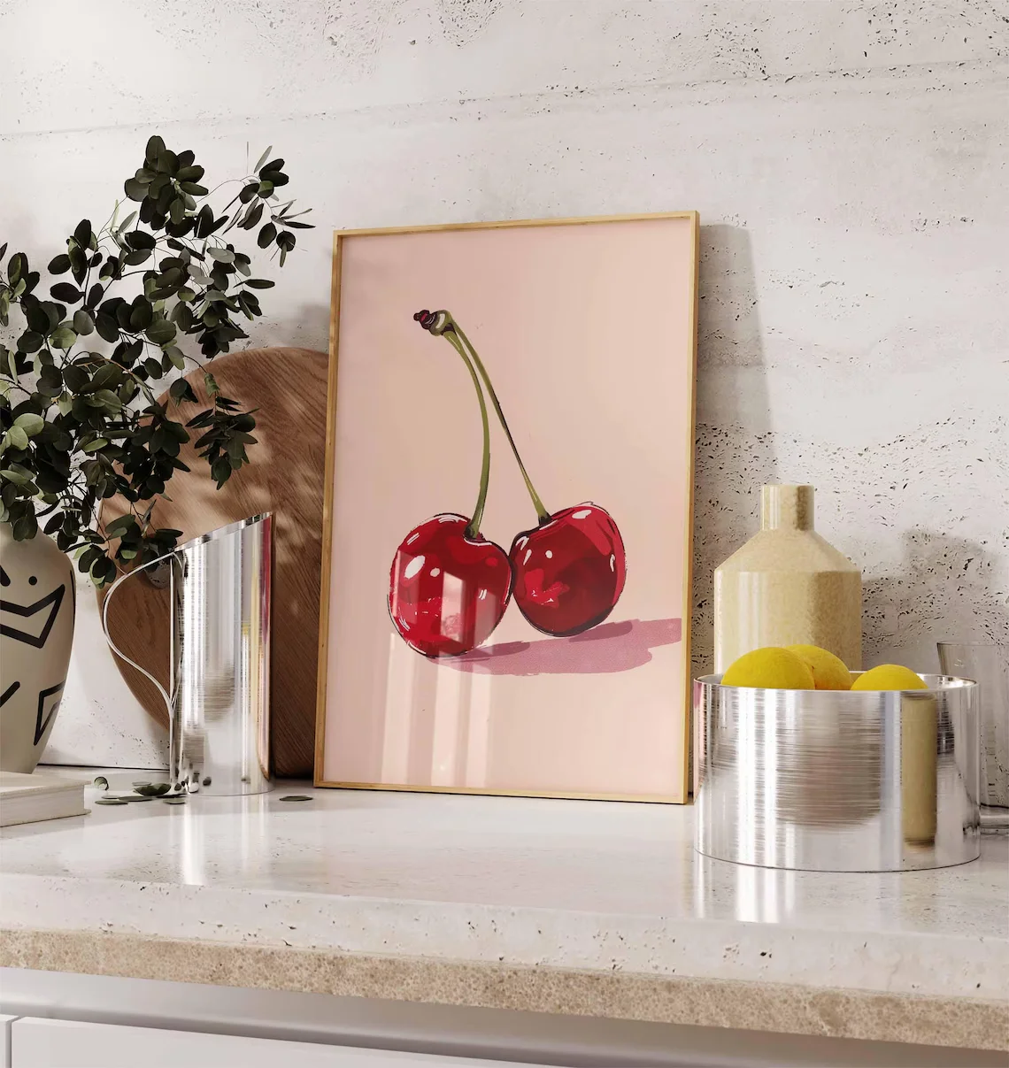 Minimalist Blush & Cherry WALL ART PRINT DECOR – Bold Watercolor Fruit Painting, a Stylish Accent for Modern Farmhouse Kitchens