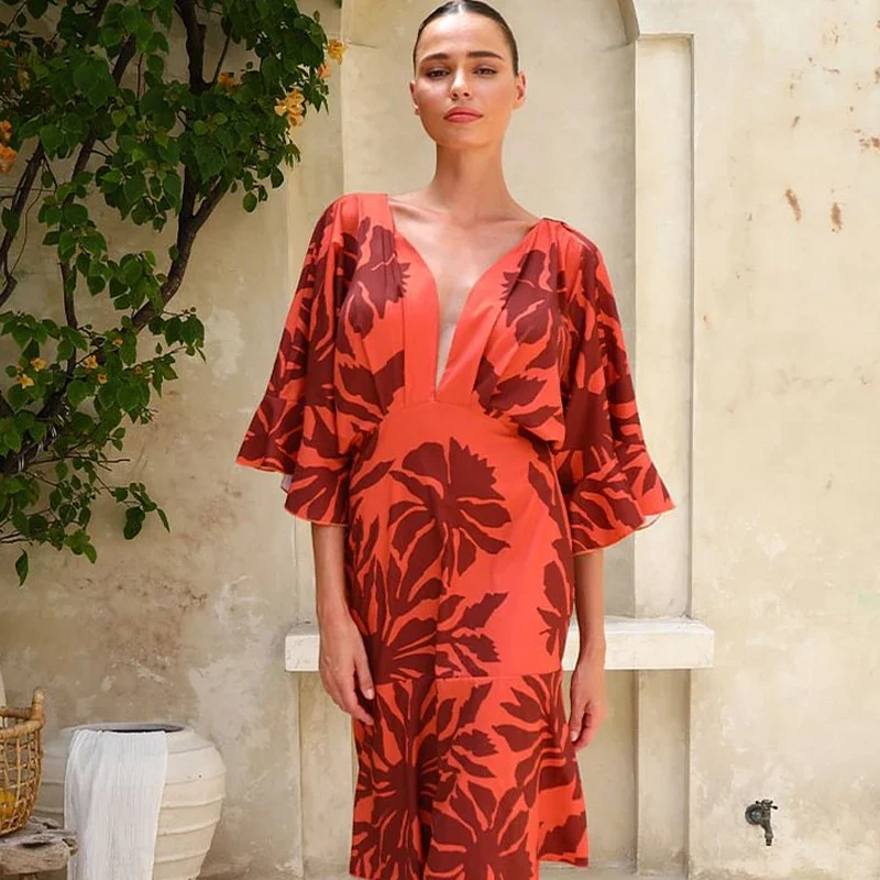Summer New Women Sexy Long Dress Ruffle Dolman Sleeve Printed Dress Bandeau Blossom Print Sundress 2025