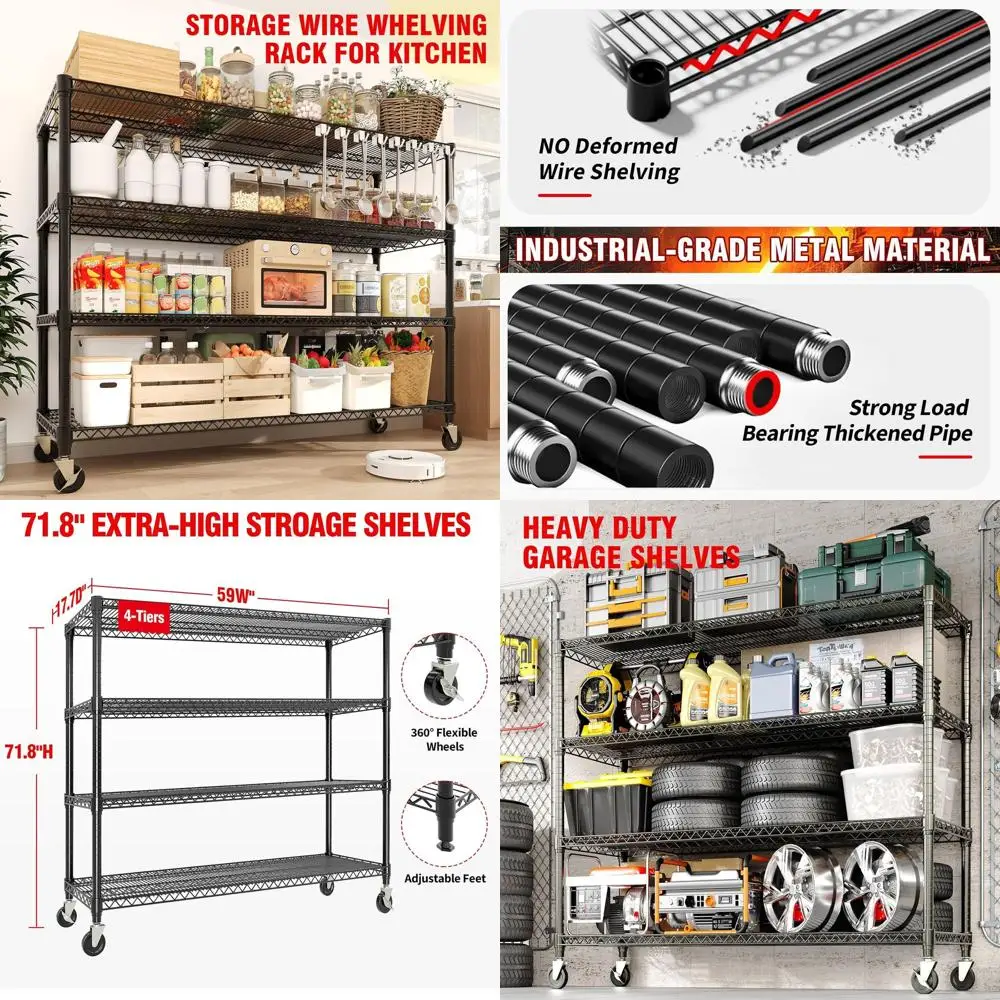 

4-х уровневая сверхпрочная проволочная полка с колесиками, вместимость 2640 фунтов для гаража, кладовой, кухни и промышленного использования.