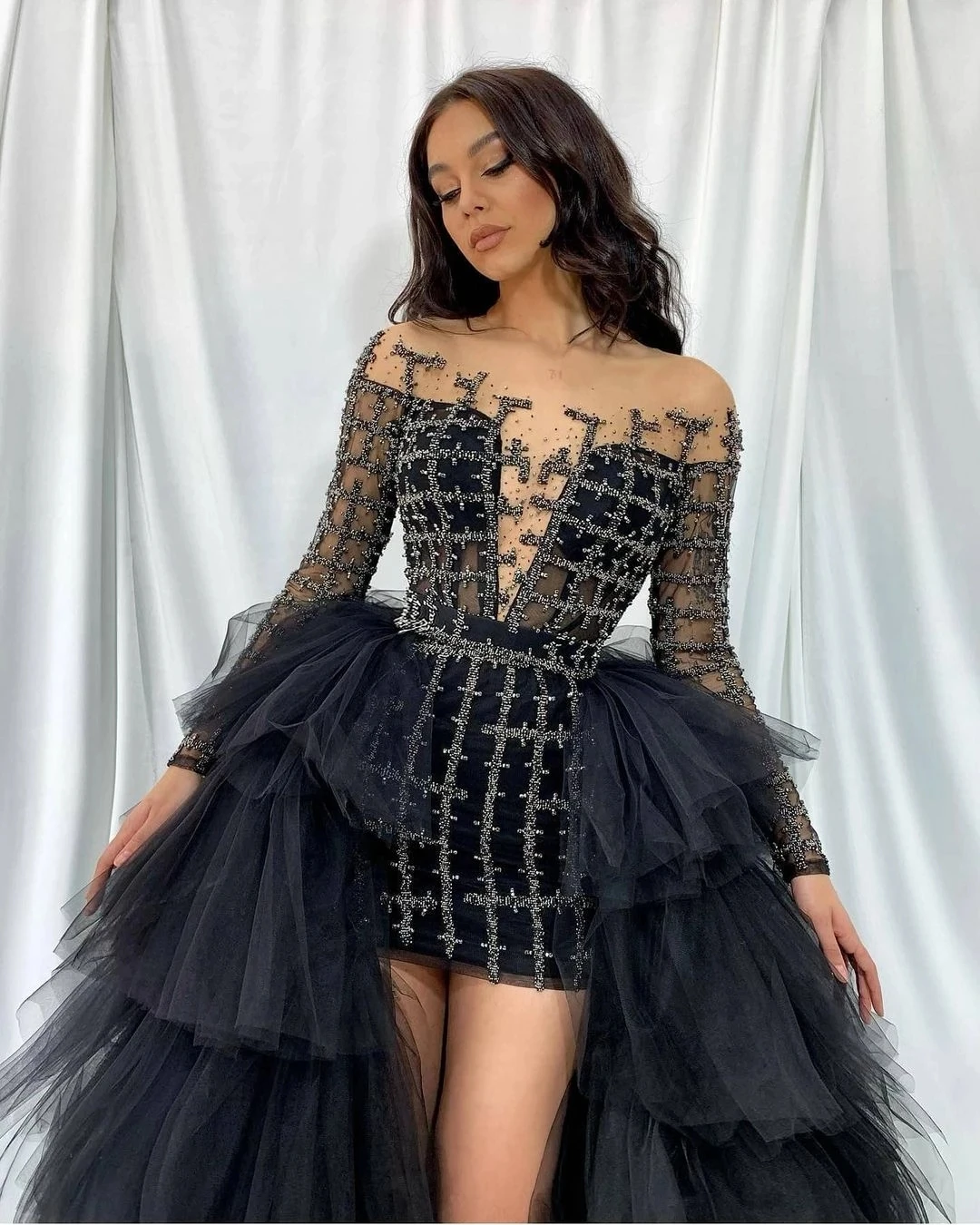 High End Black Ruffled Tiered Tulle Over Wrap Skirts Women Maxi Skirt Long Puffy Tulle Skirt Hand Made Bridal Detachable