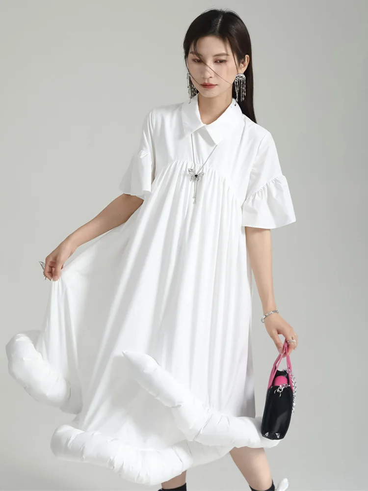 [EAM] Women White Pleated Hem Ruffles Big Size Shirt Dress New Lapel Short Sleeve Loose Fit Fashion Spring Summer 2024 1DF7190