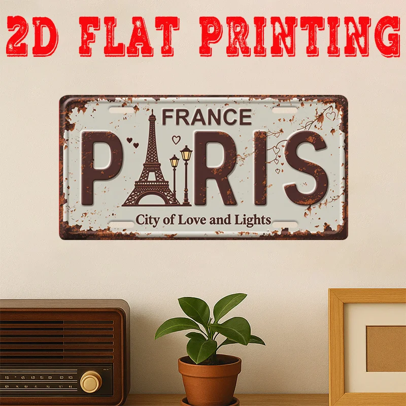 Letrero Metálico Plano 2D de París, Francia, Decoración de Pared Vintage con la Torre Eiffel, Póster Retro Francés para el Hogar, Cafetería, Oficina, Paisaje Parisino