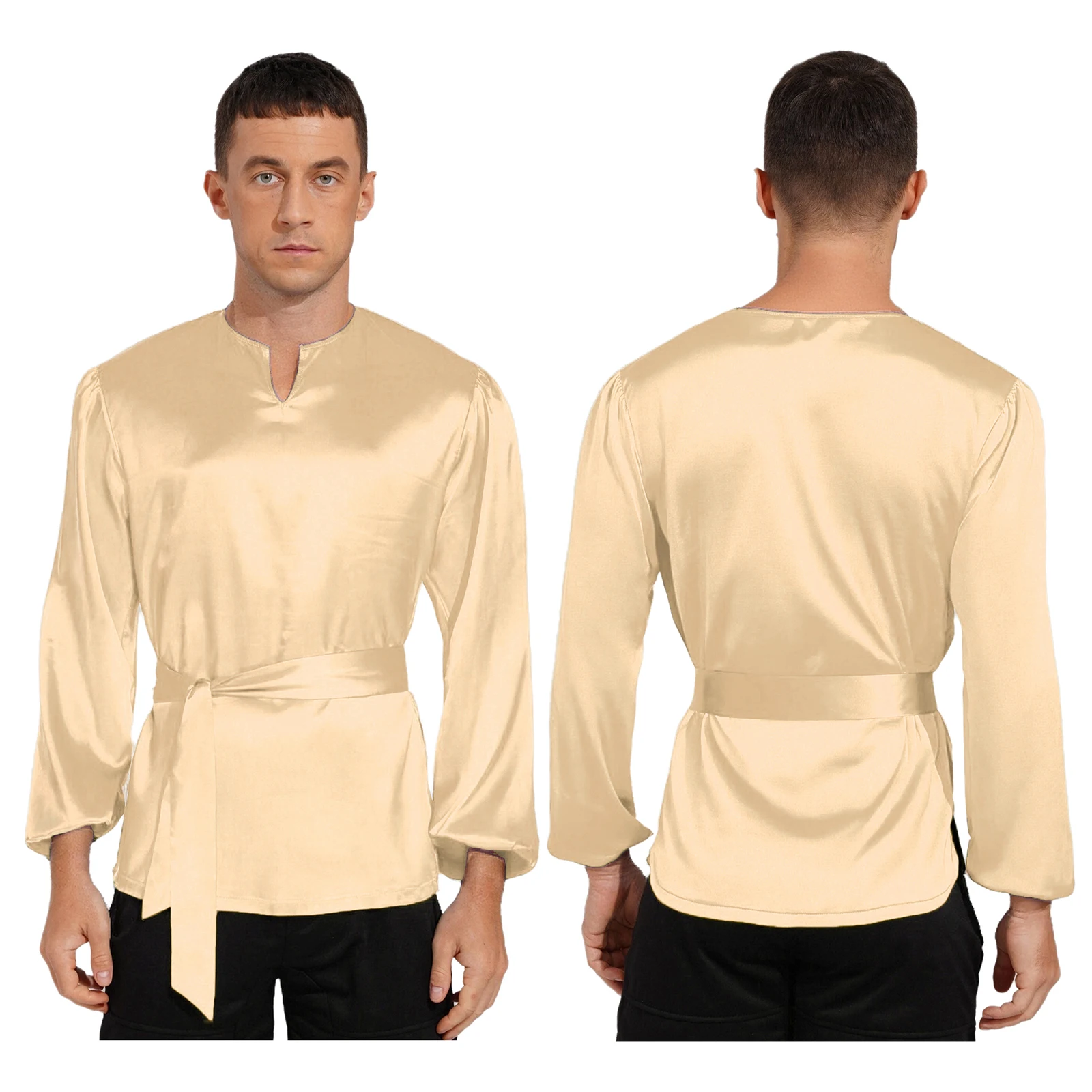 

Men Worship Shirt Long Sleeve Satin Pullover with Belt Liturgical Dance Top for Church Chorus Dance Performance Modern Dancewear