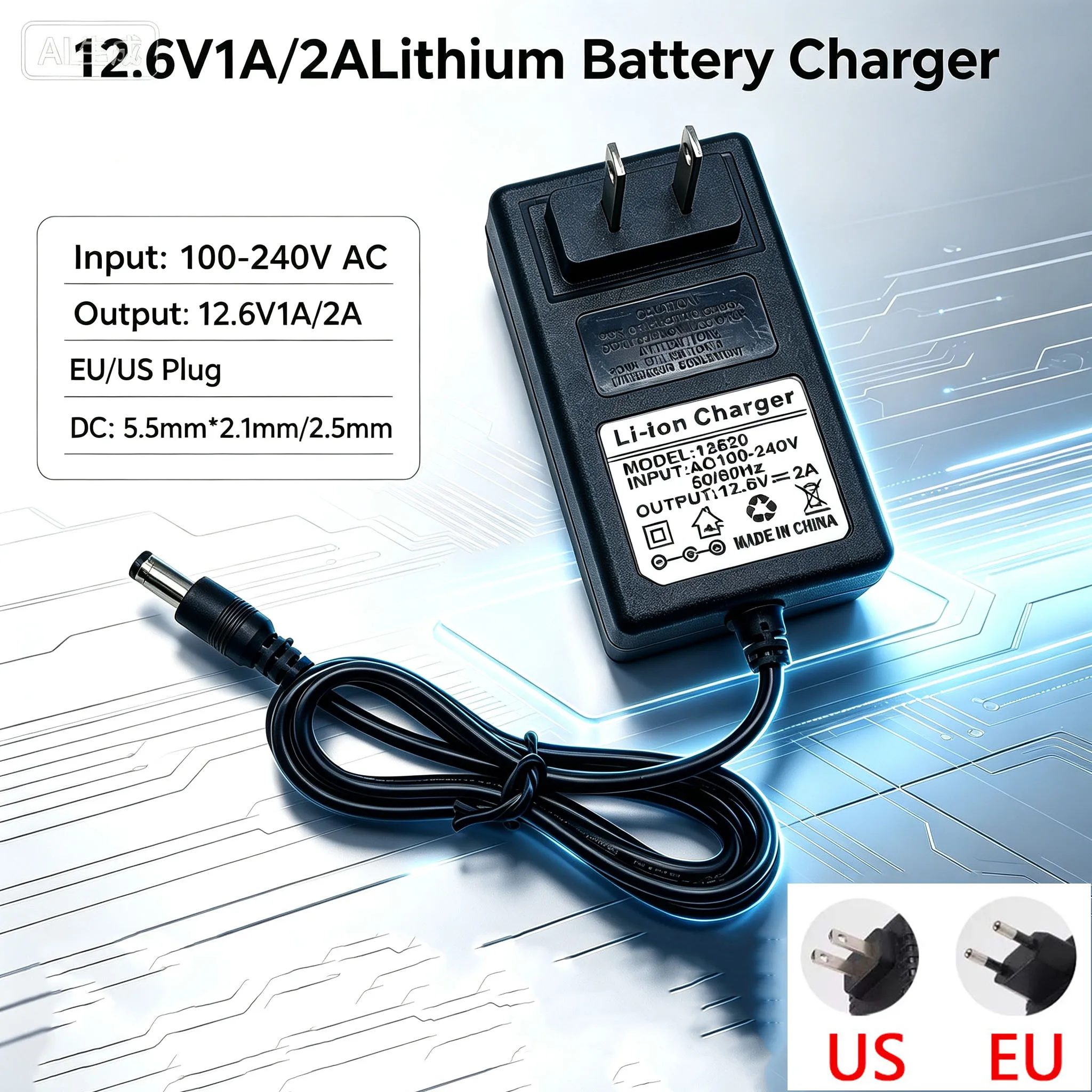 12.6V 1A 2A 18650 Lithium Battery Charger For 12V EU US Li-ion Battery Polymer Smart Charger 18650 Battery Pack 5.5mmX 2.1mm Dc