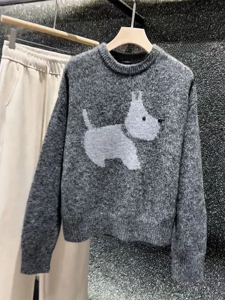 

Корейский свитер с круглым вырезом и мультяшным рисунком собаки, большой размер, универсальный, осенне-зимний, новинка, теплый, удобный, женский.