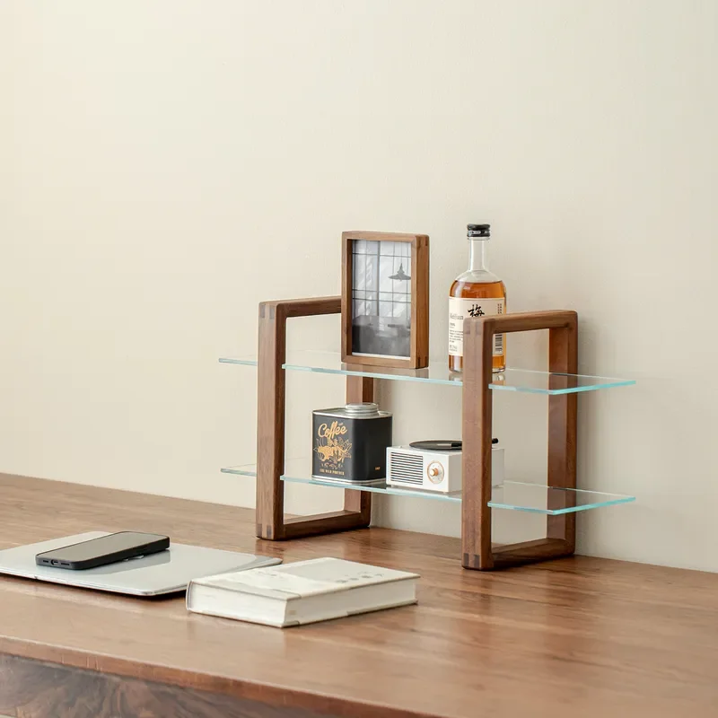 Walnut Double Layer Tempered Glass Display Rack for Tea Set Desktop Storage Shelf Organizer for Sundries Home Decor Cabinet