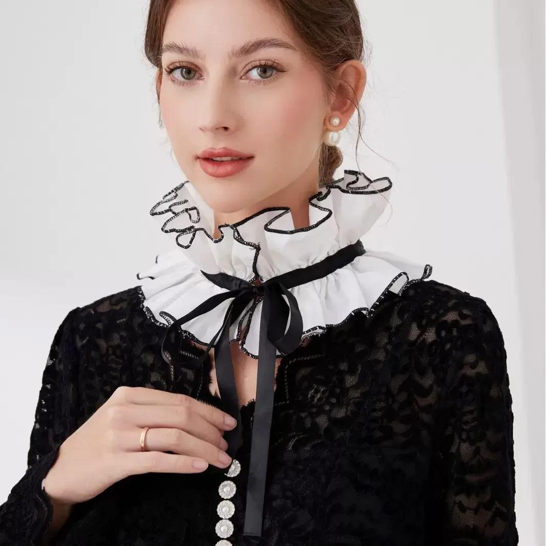 Colletto finto in cotone bianco nero Collo alto Colletto alla coreana Tracolla staccabile Colletto per camicetta con volant Accessori per costumi cosplay