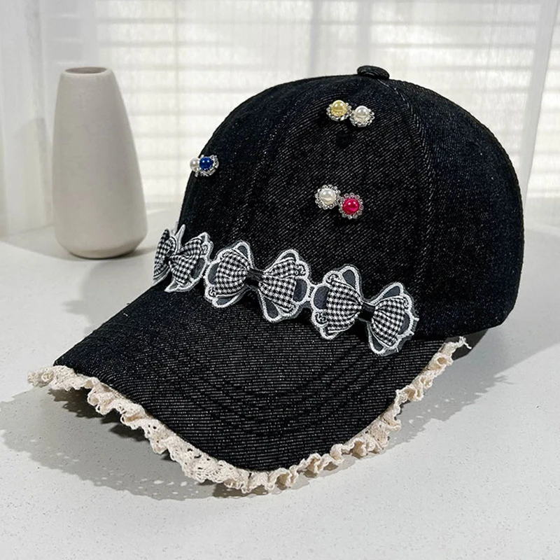 Trendy Korean-Style Unique Lace Bow Versatile Fashion Duckbill Cap Handcraft Irregularly Colored Rhinestones Denim Baseball Hat