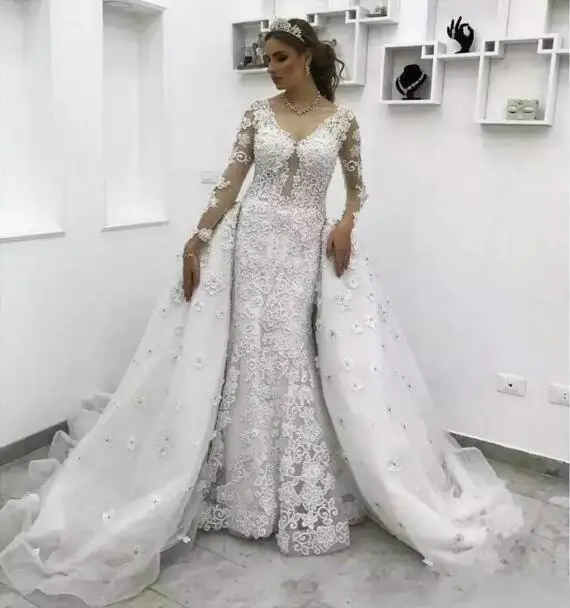 Maßgeschneiderte elegante Spitzenapplikationen afrikanische Meerjungfrau Brautkleider mit abnehmbarem Rock Plus Size Blumenbrautkleid