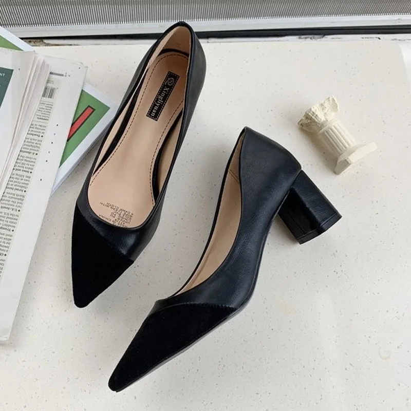 New Spring Autumn Classic Women Office Pumps Pointed Toe Patchwork Chunky Heels Work Shoes For Woman zapatos mujer WSH4898