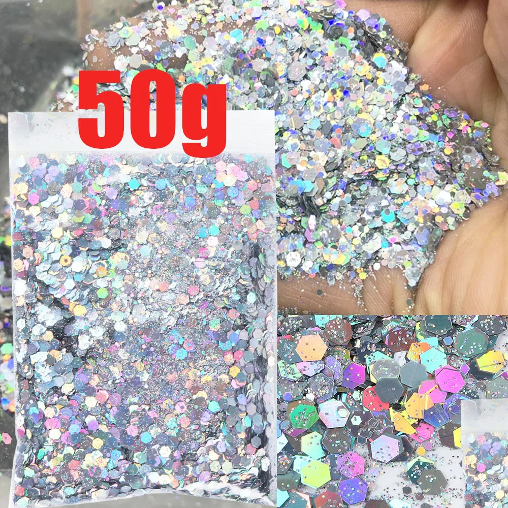 50g/bag Laser Gold/Silver Chunky Nail Glitter Sequins Mized-Size Holographic Hexagon Gold Nail Flake DIY Epoxy Resin Nail Sequin