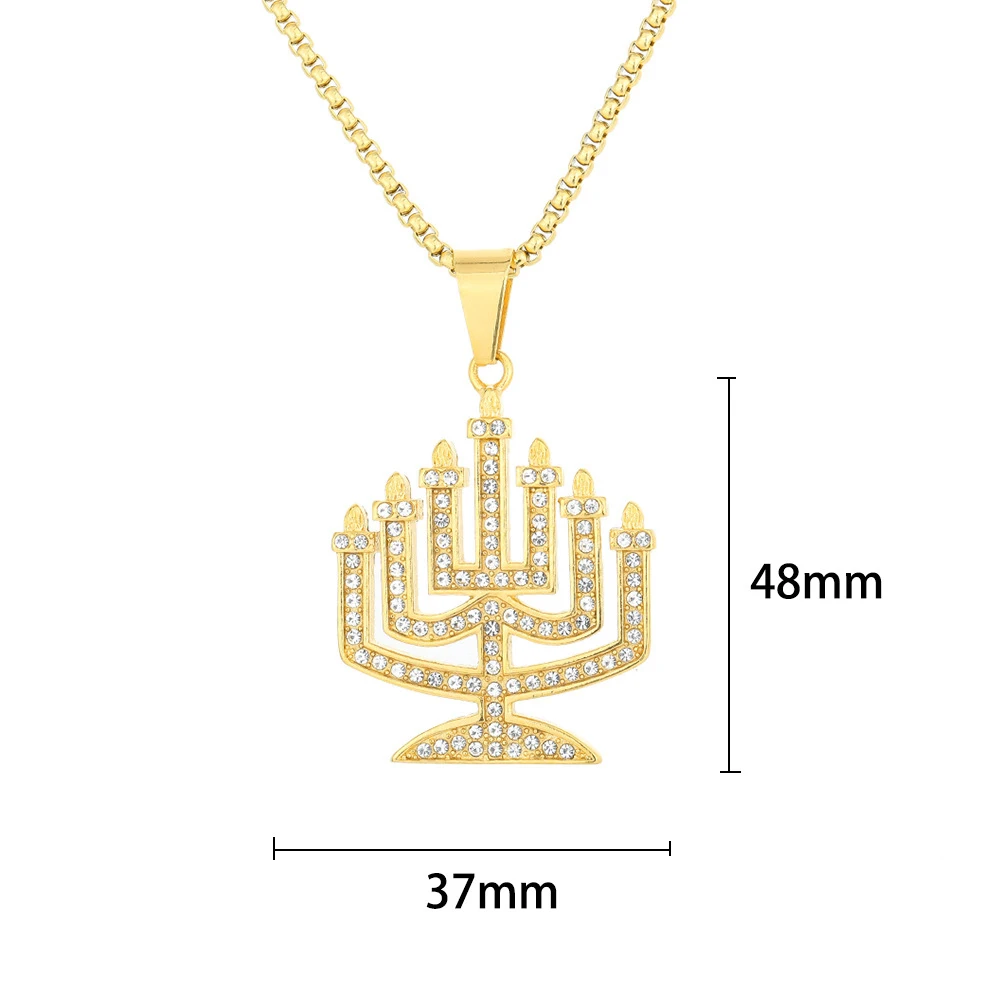 Religious Iced Out Full CZ Candlestick Pendant Women Gold Color Stainless Steel Necklace for Men Jewish Jewelry Birthday Gift