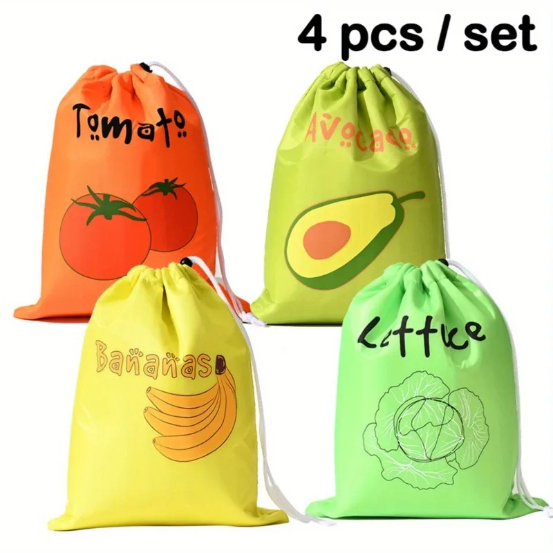 4 Stück wiederverwendbare Obst- und Gemüse-Aufbewahrungsbeutel, Kordelzugbeutel mit buntem Illustrationsdesign für Küche, Reisen, Camping