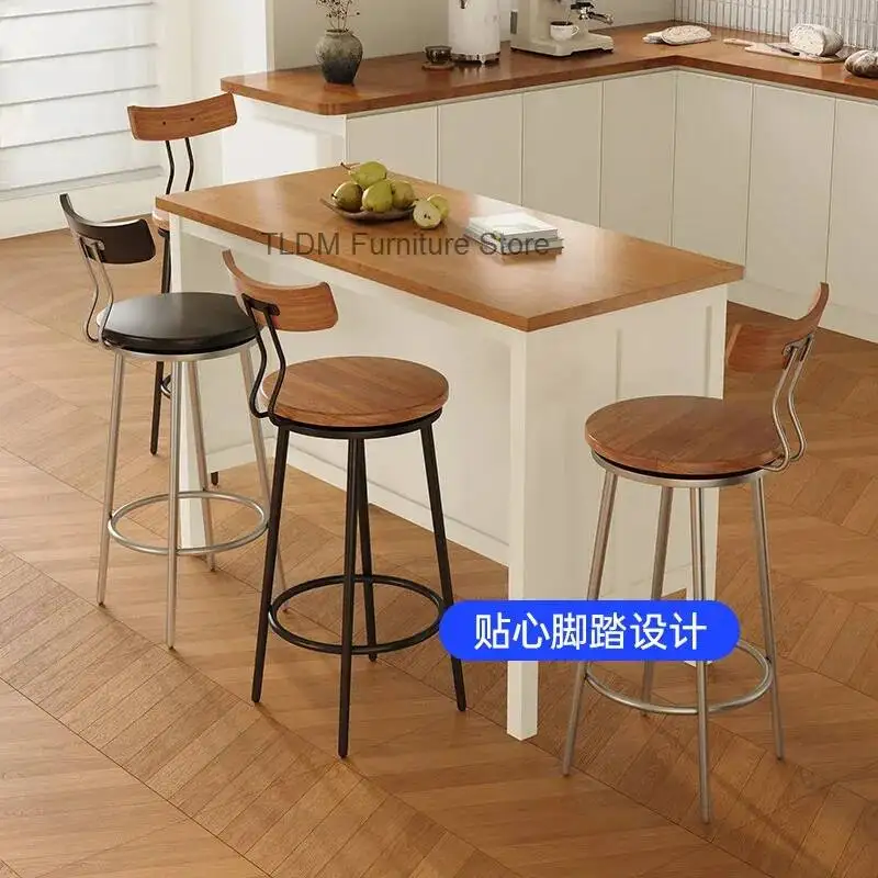 Nordic Simple Bar Chair Household Solid Wood Backrest Bar Stool Front Desk Cashier Revolving Bars Island High Stool