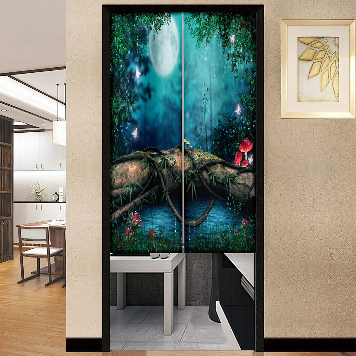 Mushroom Forest Nature Moon Door Curtains Traditional Chinese Panel Japanese Style Doorway Entrance Noren Hanging Half-Curtain