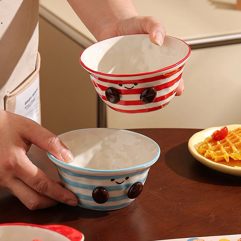 Versatile Dessert Bowl Ins Household Red Ceramic Double Ear Cereal Soup Bowls Breakfast Yogurt Kitchen Daily Dessert Tablewares