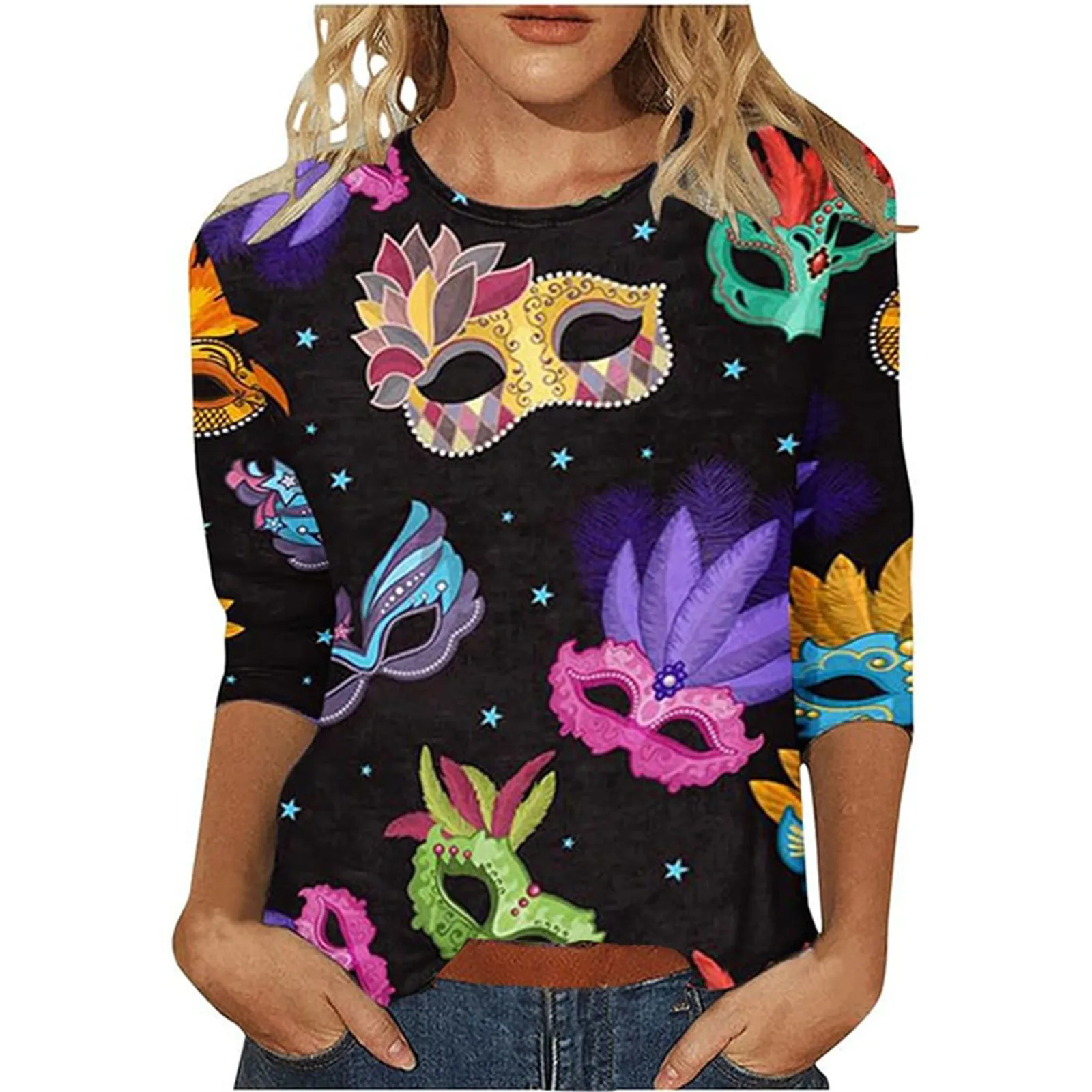 1 Pcs Carnival Printed Shirts for Women Fashion 3/4 Sleeve Crewneck Graphic Tee T-shirt Spring Summer Funny Tunic Pullover Tops