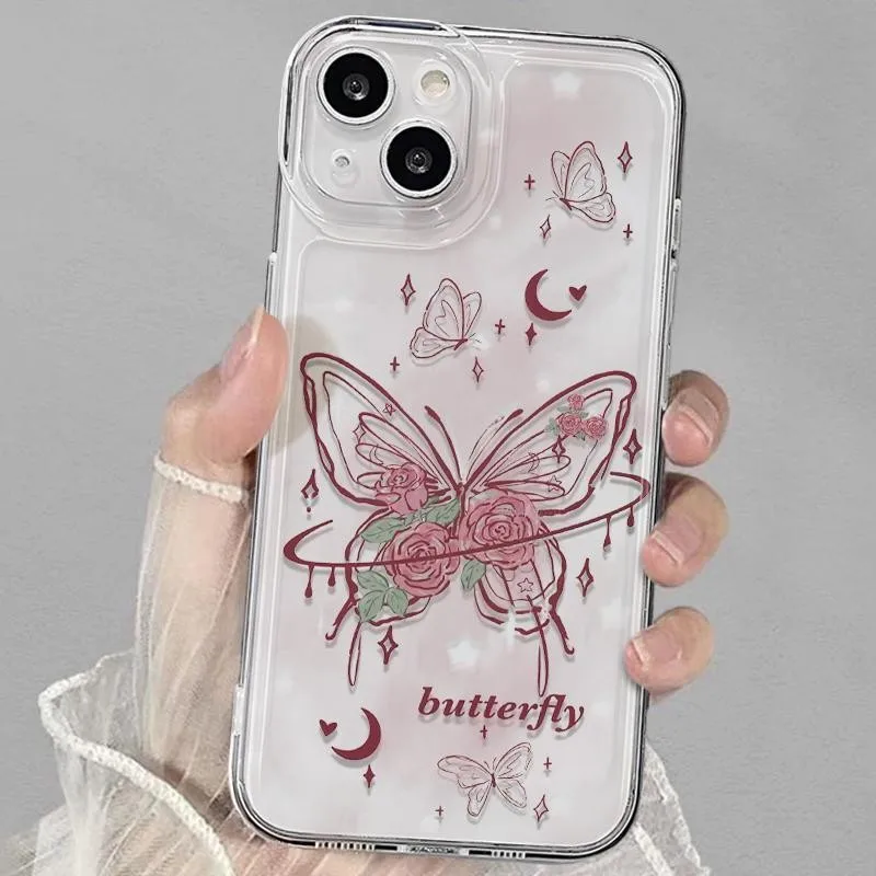 حافظة على شكل فراشة وردية لهاتف آيفون 17 16 15 14 Pro Max 13 12 Mini 11Pro XR 7 8 SE غطاء مقاوم للصدمات واقي للشاشة