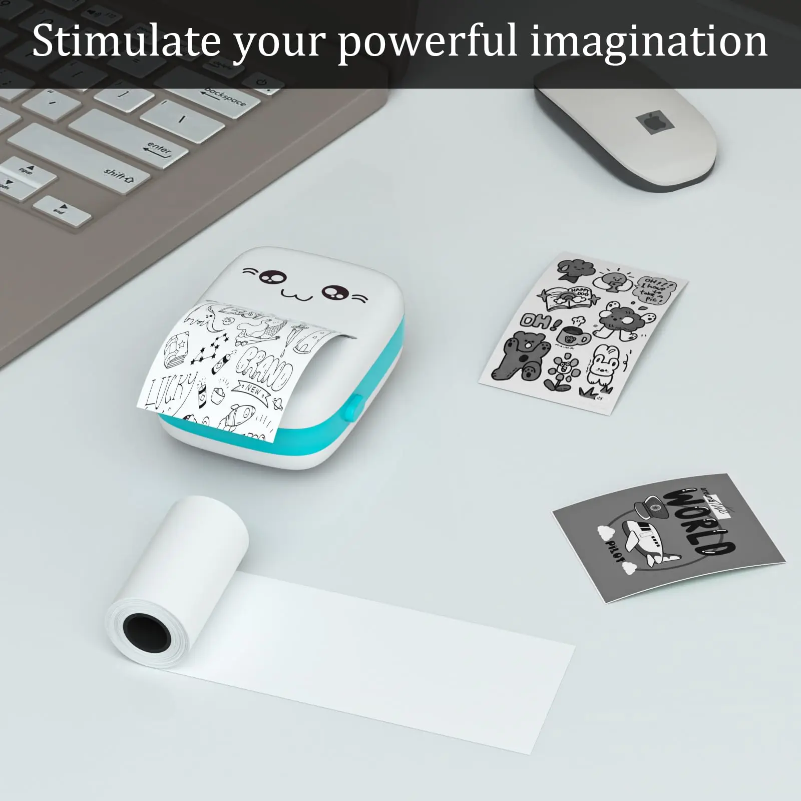 mini hot pocket printer,Ink free sticker printer, mini pocket printer with 13 rolls of hot paper,iOS Android application