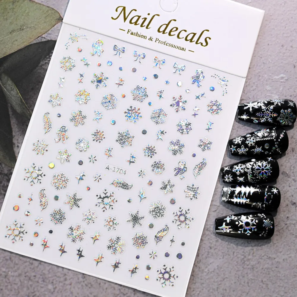 Holographic Laser Snowflakes Nail Art Sticker 3D Shiny Christmas Nail Decals Winter Holiday New Year Snow Flake Manicure Sliders