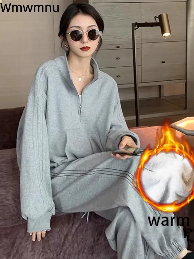 

Корейский модный спортивный комплект из 2 предметов, женский повседневный топ на молнии с воротником-стойкой, Conjuntos, мешковатые спортивные штаны на шнурке, ансамбль