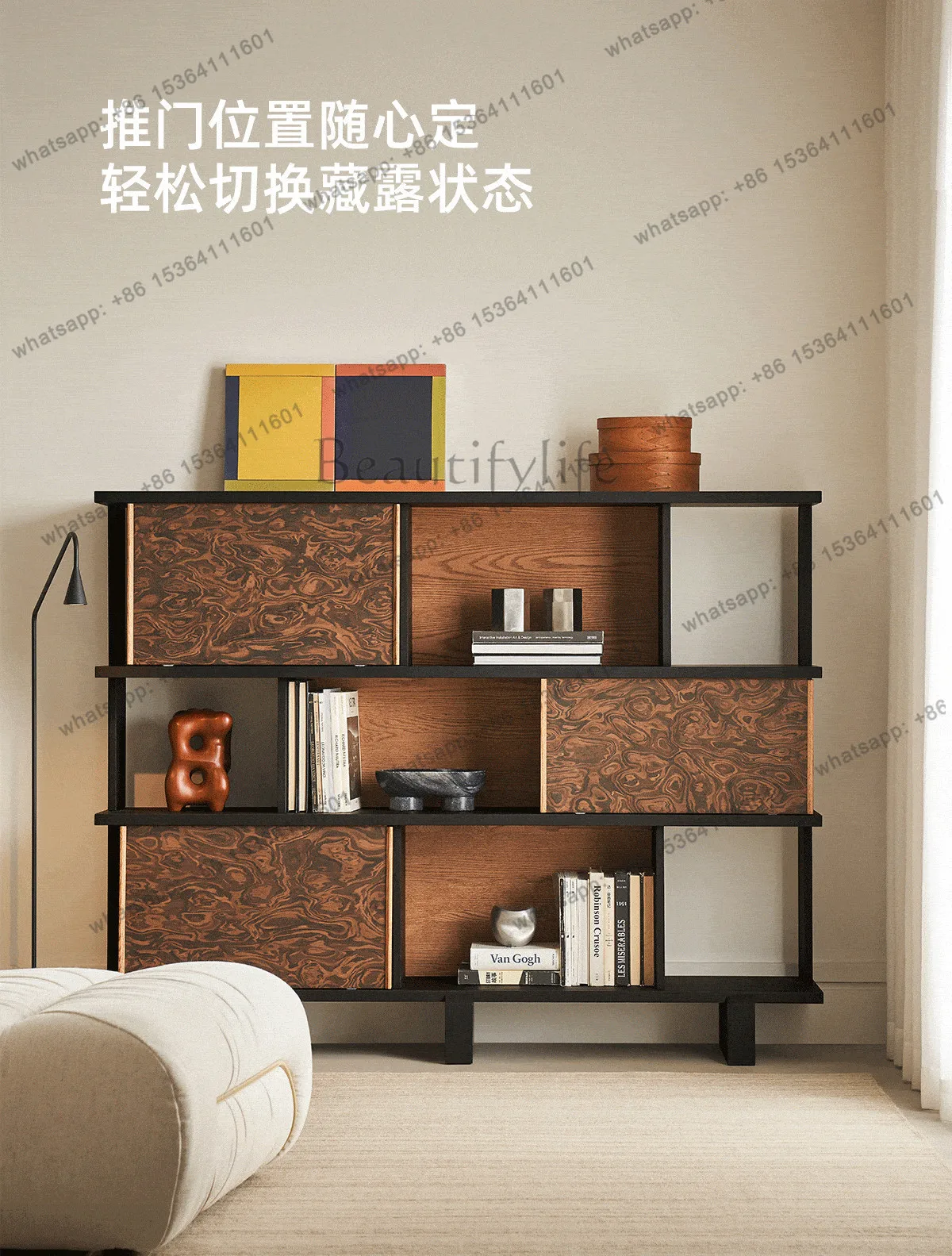 

Retro half-wall bookshelf integrated against the wall antique oak combination living room solid wood bookcase