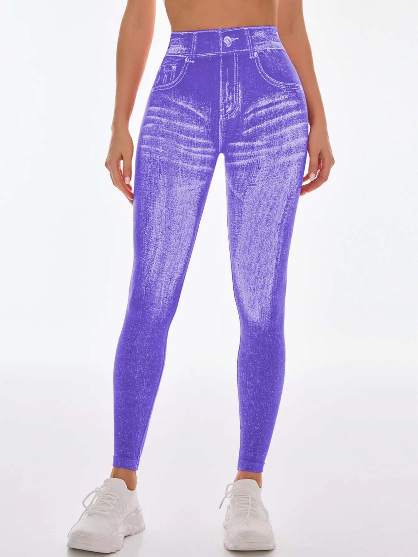 Damen Faux-Denim Nahtlose Yoga-Hose mit V-Rücken, Taillen- und Po-Lifting-Effekt, Hochelastische Schlanke Sport-Leggings, Modische Lauf- und Workout-Tights – Detail 12