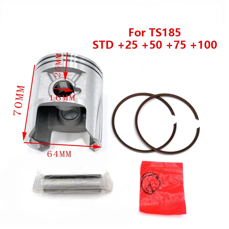 STD + 25 + 75 + 50 + 100 64mm 64,25mm 64,5mm 65mm Pin de orificio 16mm Kit de anillos de pistón para Suzuki TS185 185cc TS 185 pieza de motor de motocicleta