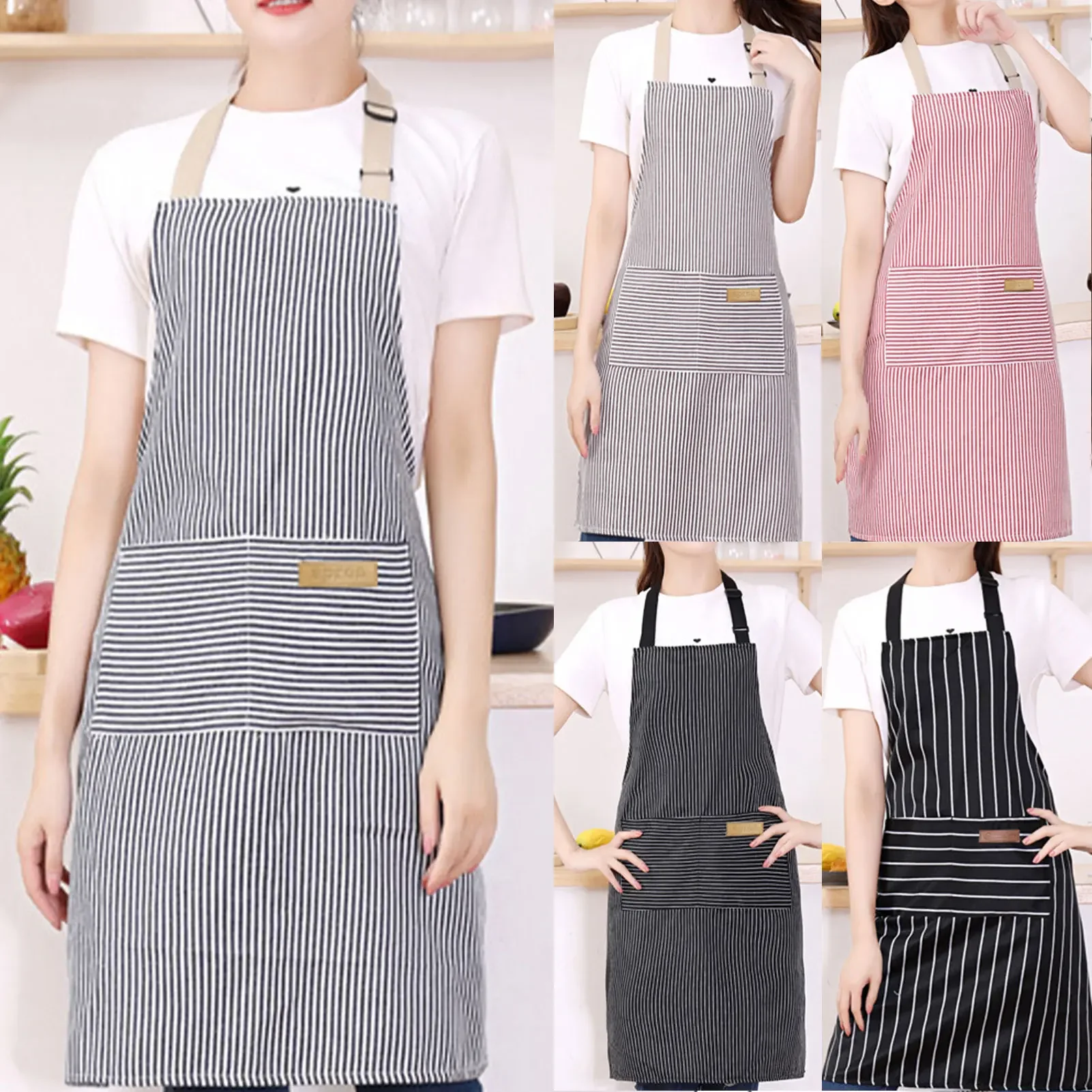 Striped Bib Apron For Men Women Multifunctional Lightweight Lace Up Kitchen Cooking Baking Restaurant Work Apron