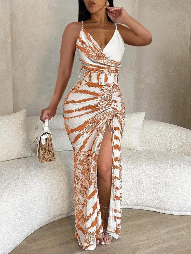 Elegant Women\'s Sling Bodycon Dresses 2024 Summer Sexy V Neck Striped Print High Slit Drawstring High Waist Long Dress With Belt