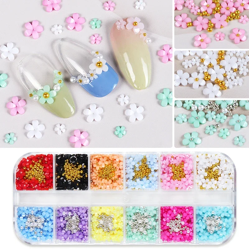 12Grids Kawaii Resin Flower Rhinestone Nail Art Charms Mixed Pearls Parts Nail Decoration Accessories Summer Manicure Supplies