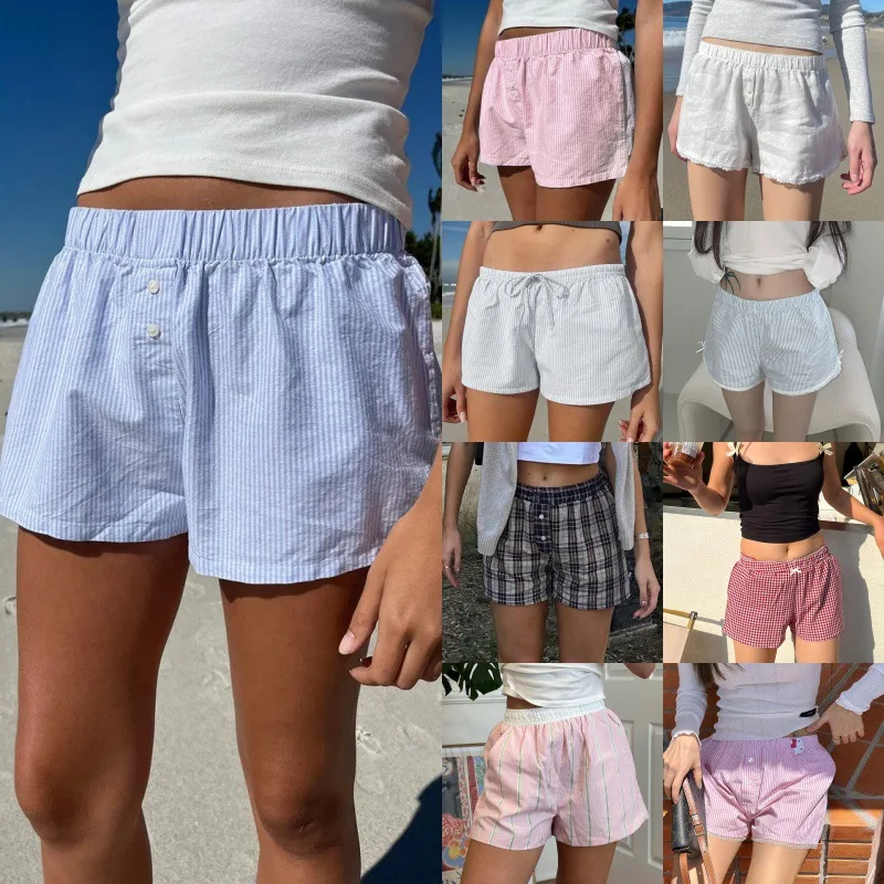 Summer Women's Striped Elastic Shorts Comfortable And Loose-fitting Beach Shorts With Loose Buttons Ladies' Boxer Shorts At Home