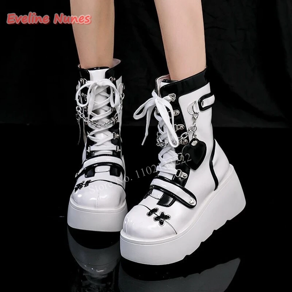 Witte Punk Dikke Zool Mid-Calf Laarzen Dames Cross Band Ronde Neus Lederen Mode Party Plus Size Heart Schattige Hottie Schoenen