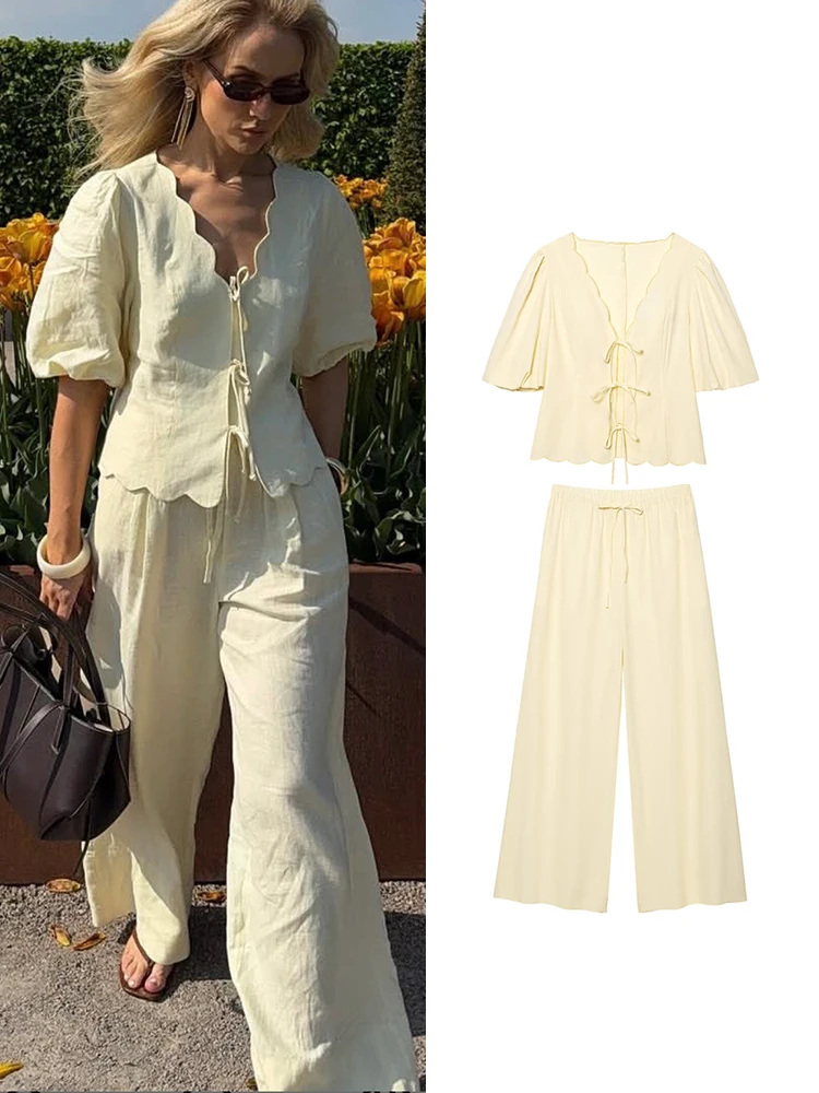 TFMLN Damen Freizeitanzug Zweiteiliges Outfit Elegantes Kurzarm-Oberteil mit Puffärmeln und Schleifen-Schnürung & Hose mit hoher Taille und weitem Bein