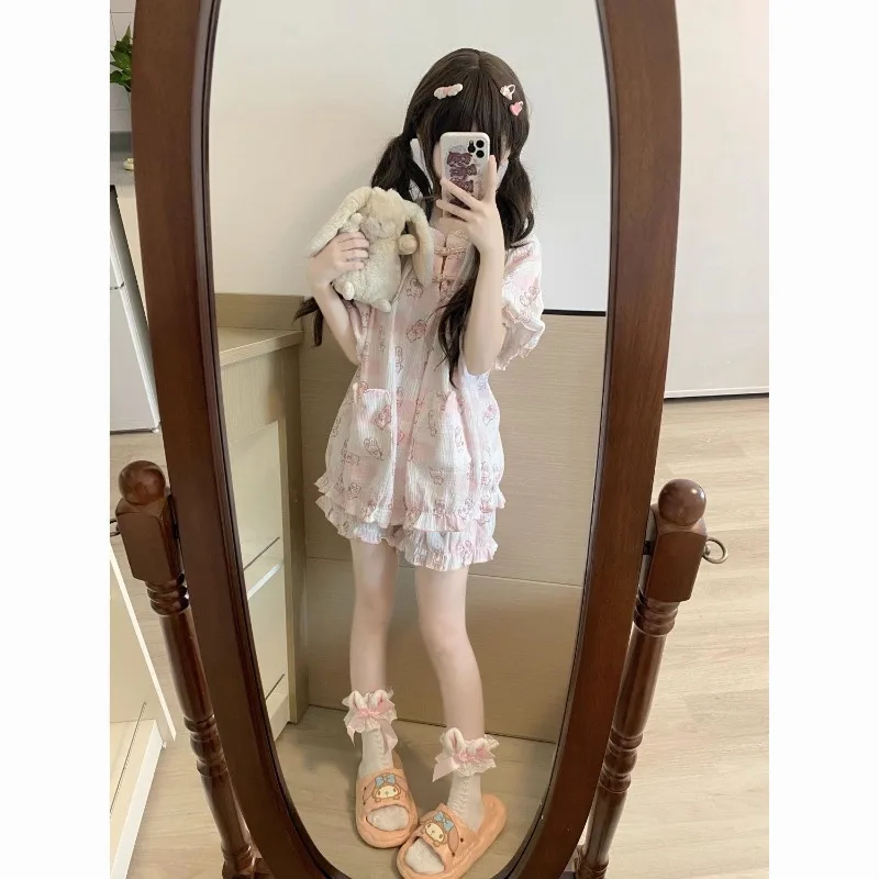 Japanese Girl Cute Short Sleeved Shorts Home Wear Summer New Student Animal Cartoon Lapel Pajamas Fashionable Women's Set Sweet