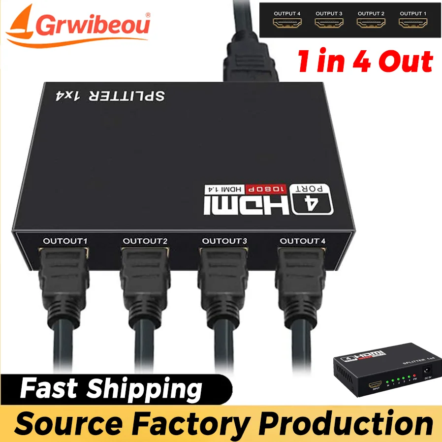 

HDMI-compatible Splitter 1080P 1 in 4 Out HDMI Adapter HDMI-compatible Video Splitter Support 3D for HDTV STB DVD PS4 Projector