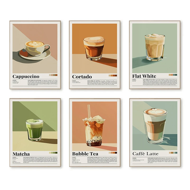 Vintage Coffee Beverage Posters Bubble Tea Matcha Cortado Cappuccino Canvas Printing Wall Art Picture for Living Room Home Decor