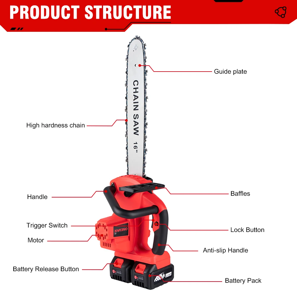 ONEVAN-Tronçonneuse électrique sans balais, scie à batterie portable sans fil, outils électriques de jardinage pour Makita, batterie 18V, 16 pouces,