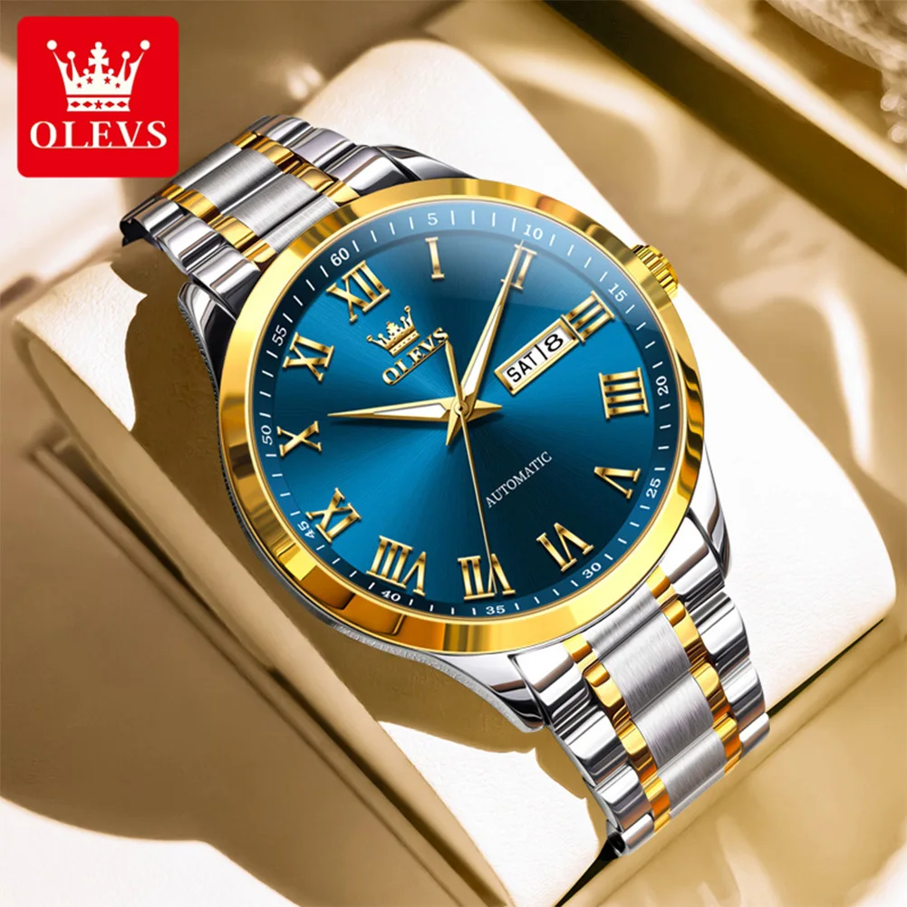 OLEVS Orologio automatico da uomo Moda classica scala romana Orologio da uomo in acciaio inossidabile Orologio da uomo meccanico da lavoro di lusso 7075