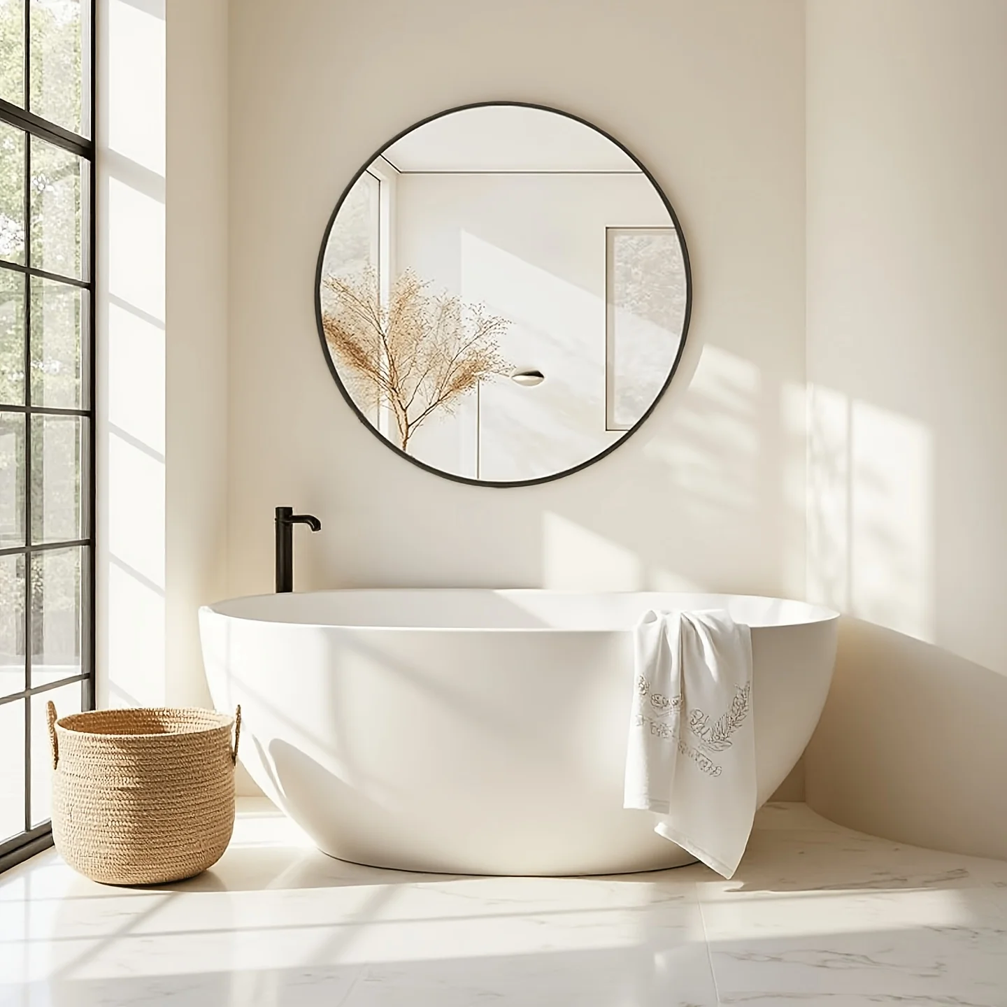 

28-inch Round Mirror with Metal Frame, Modern Rust-proof Wall-mounted or Freestanding Vanity Mirror, Suitable for Bathrooms, Bedrooms, Living Rooms, and Entryways