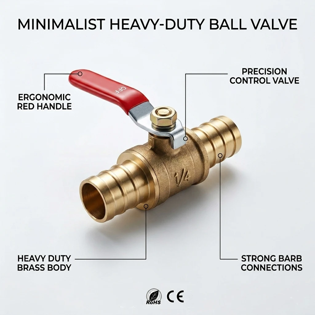 赤いハンドルの真鍮製ボールバルブ-6mm-12mm、水、油、ガス、燃料ライン用のインラインホースバーブ遮断バルブ、耐久性のあるパイプ継手