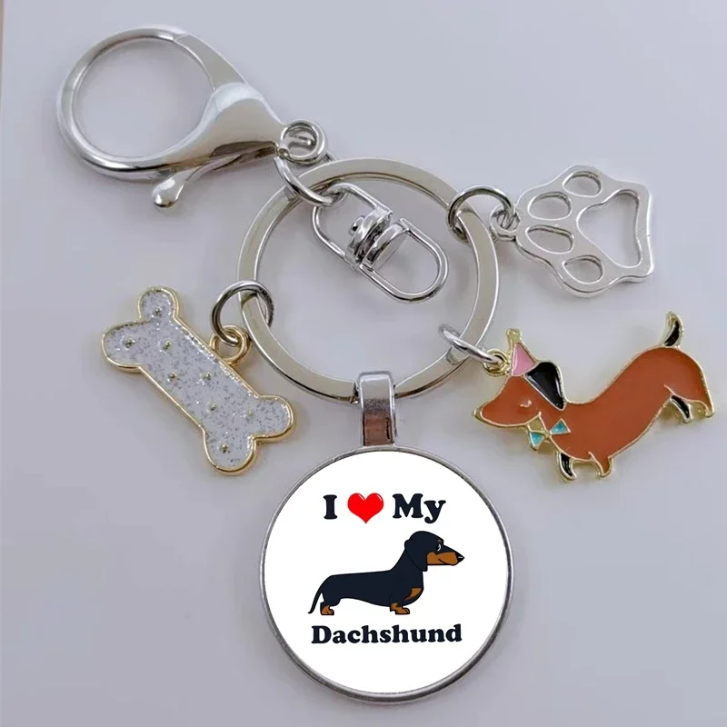 I love dachshund keychain cute animal cartoon dog keychain DIY dog glass convex key ring gift ladies men jewelry