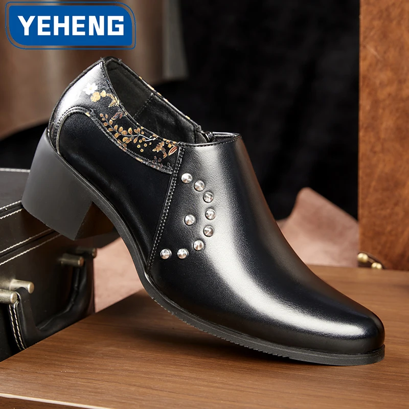 Classics Retro Man High heels Formal Shoes High Quality Leather Thick Heeled Business Oxfords Loafers Catwalk Party Dress Shoes