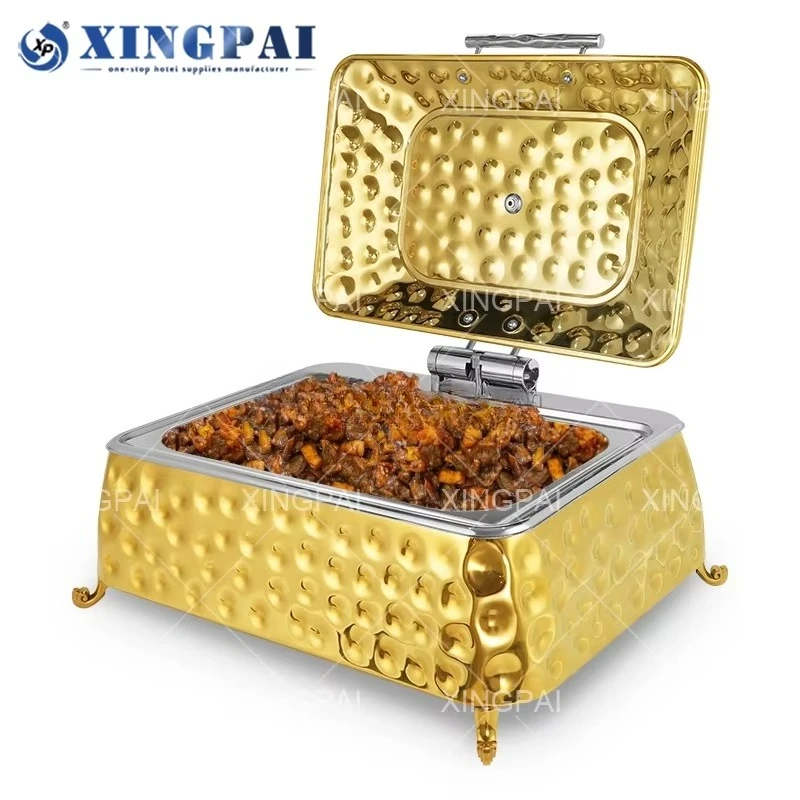 Dubai Hotel Equipment 9 Liters Stainless Steel Hammered Chaffing Dishes Luxury Golden Chafing Dish